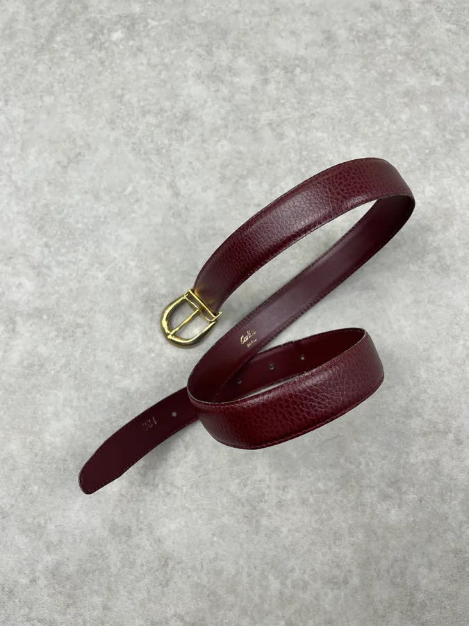 2000s Cartier Bordeaux Leather Golden Logo Buckle Belt GJksLMe 1
