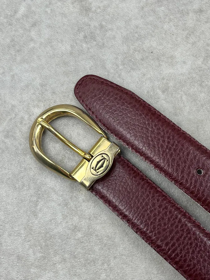 2000s Cartier Bordeaux Leather Golden Logo Buckle Belt GJksLMe 5
