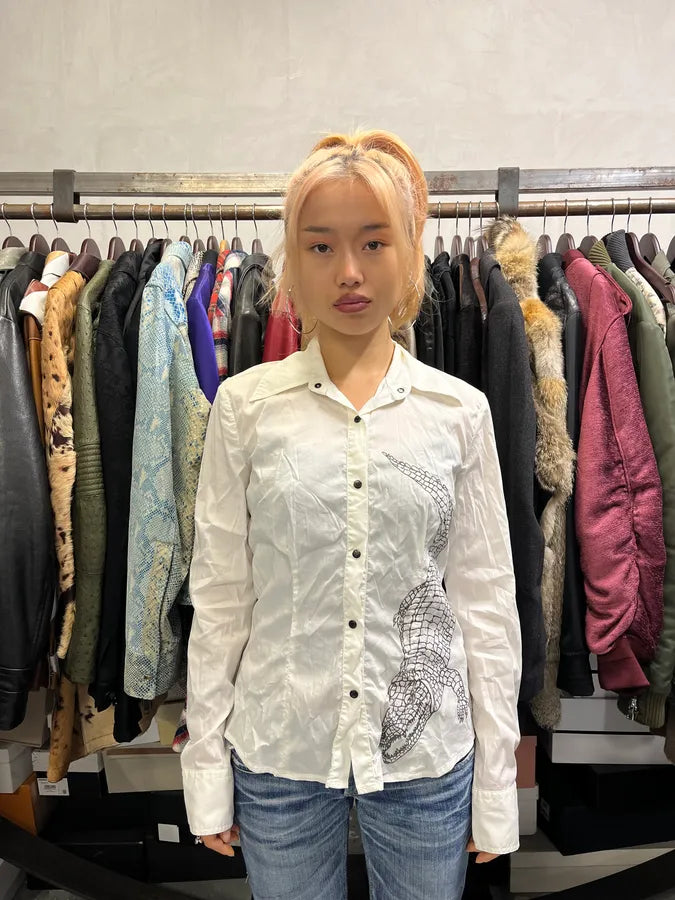 2000s Cavalli 3D Crocodile White Shirt CISdJoD 0