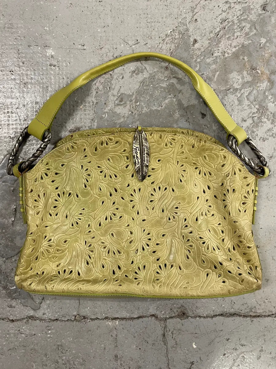 2000s Cavalli Abstract Embossed Floral Leather Yellow Handle Bag hSHrgbX 0