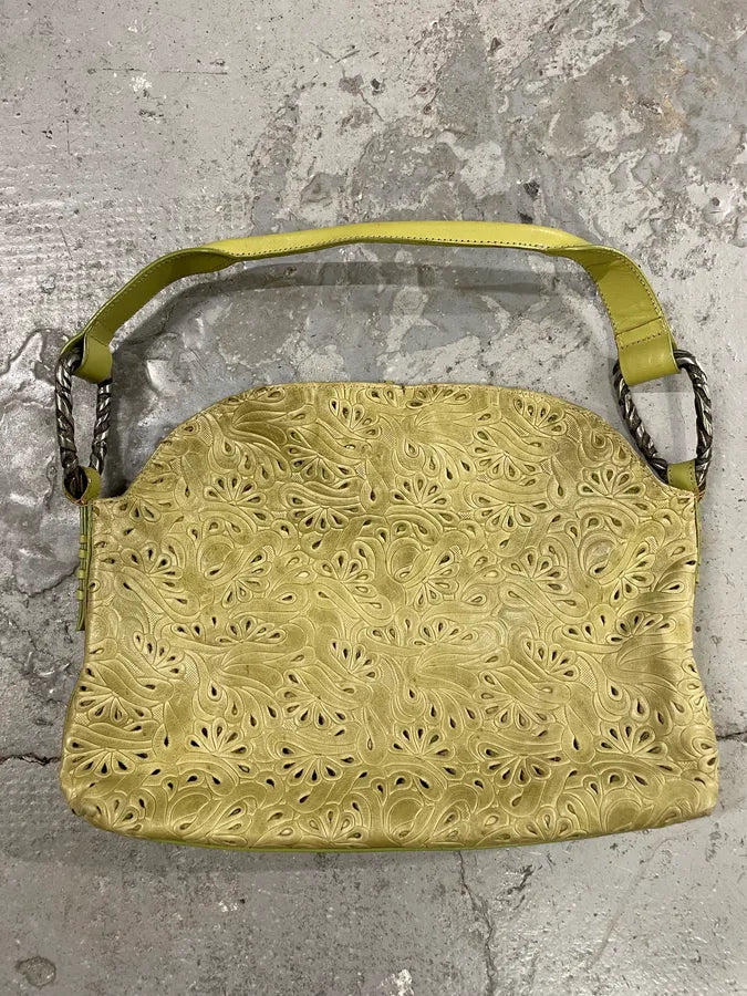 2000s Cavalli Abstract Embossed Floral Leather Yellow Handle Bag hSHrgbX 1