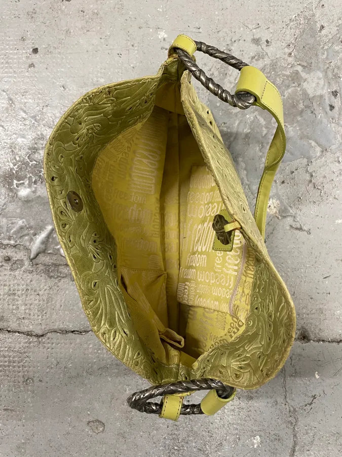 2000s Cavalli Abstract Embossed Floral Leather Yellow Handle Bag hSHrgbX 2