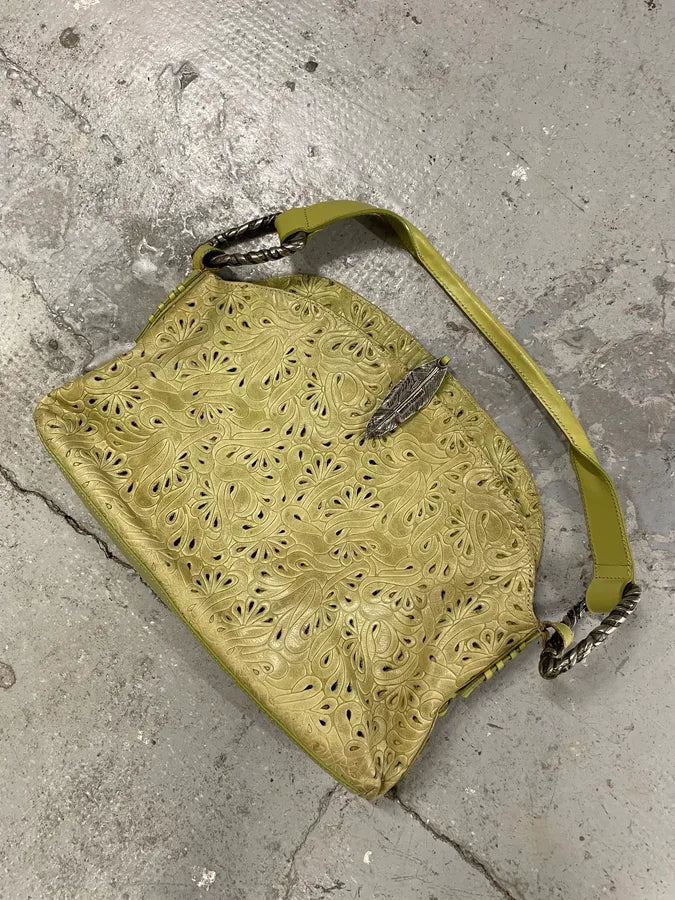 2000s Cavalli Abstract Embossed Floral Leather Yellow Handle Bag hSHrgbX 3