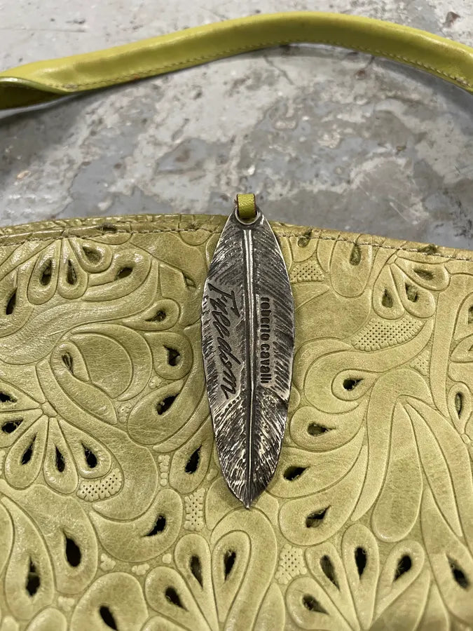 2000s Cavalli Abstract Embossed Floral Leather Yellow Handle Bag hSHrgbX 4