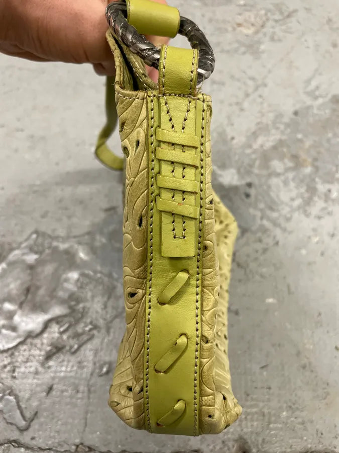 2000s Cavalli Abstract Embossed Floral Leather Yellow Handle Bag hSHrgbX 5