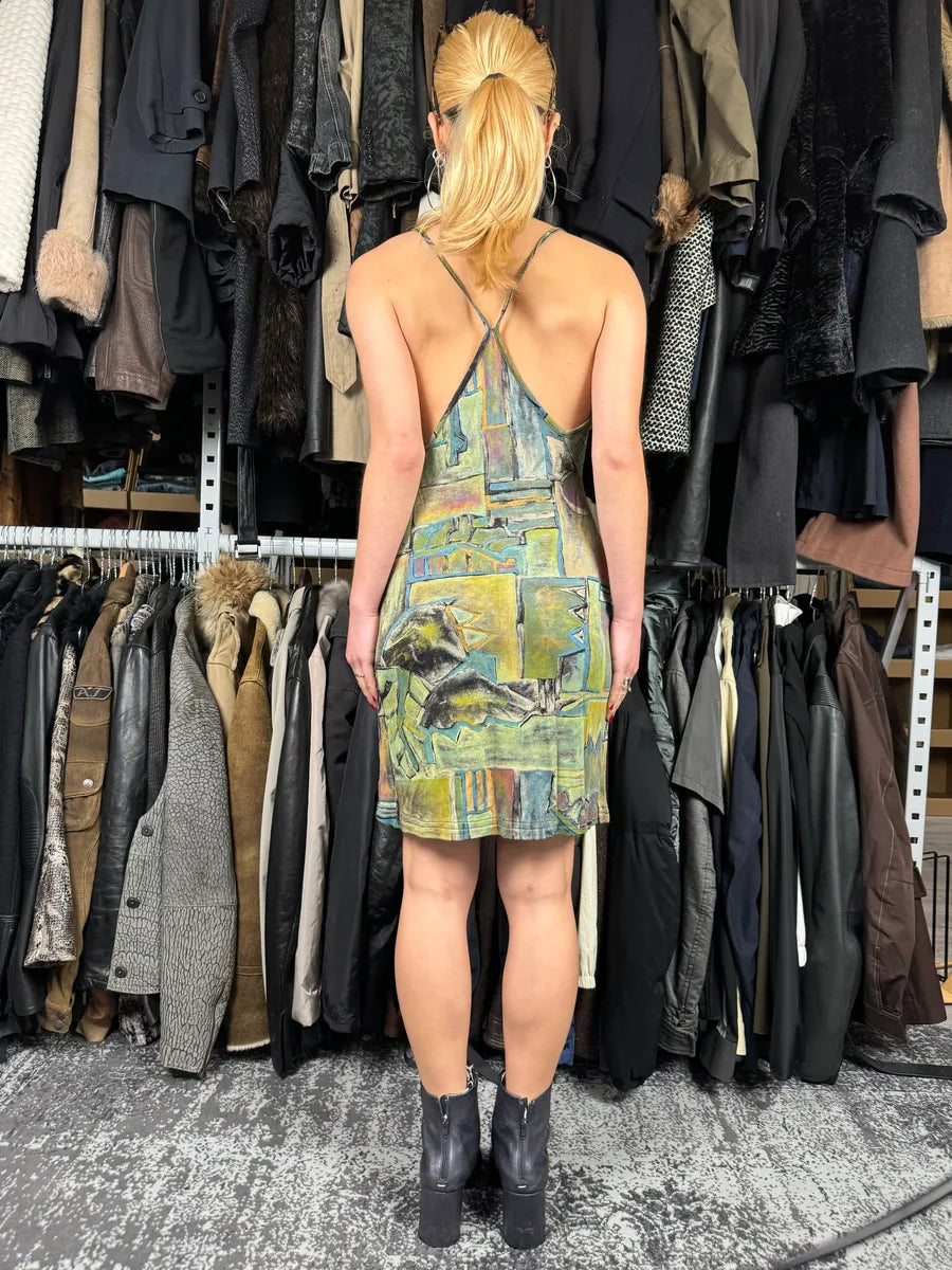 2000s Cavalli Abstract Green Books Midi Dress QLKawrr 3