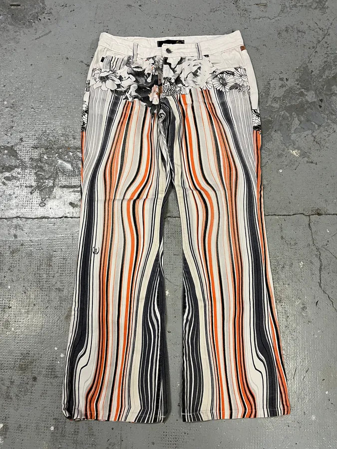 2000s Cavalli Abstract Orange White Flowers Pants (M) boVlhkp 1