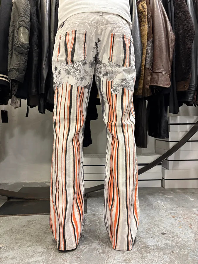 2000s Cavalli Abstract Orange White Flowers Pants (M) boVlhkp 3