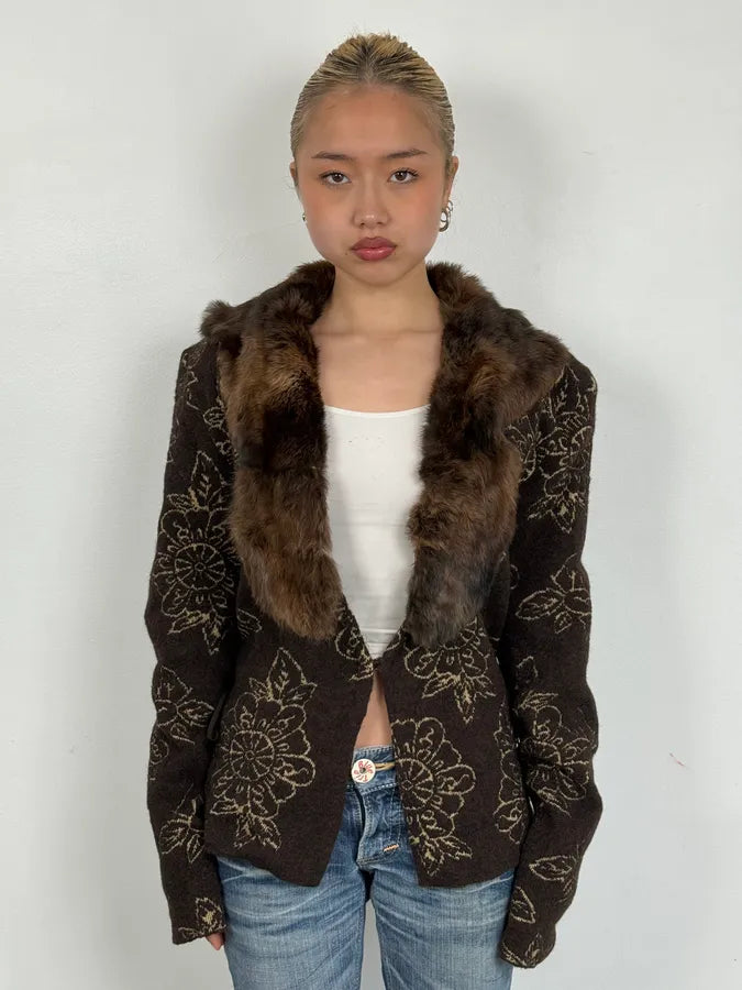 2000s Cavalli Alpaca Fur Collar Brown Cardigan Sweater yAzFryc 0