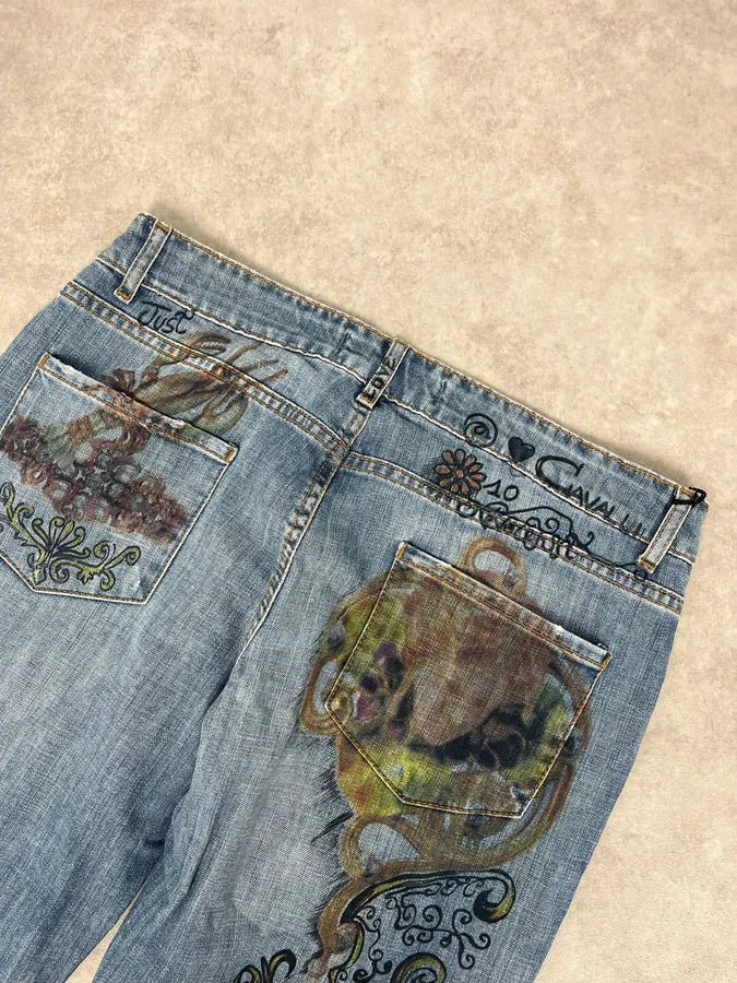 AW2007 Cavalli Angel Pirates Print Blue Denim Jeans yJLkwiE 7