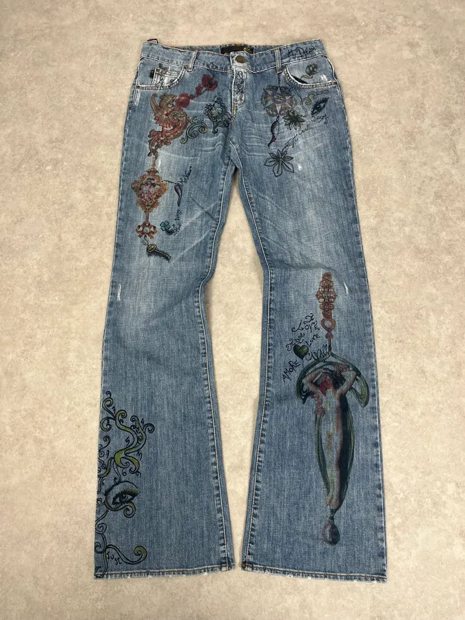 AW2007 Cavalli Angel Pirates Print Blue Denim Jeans yJLkwiE 0