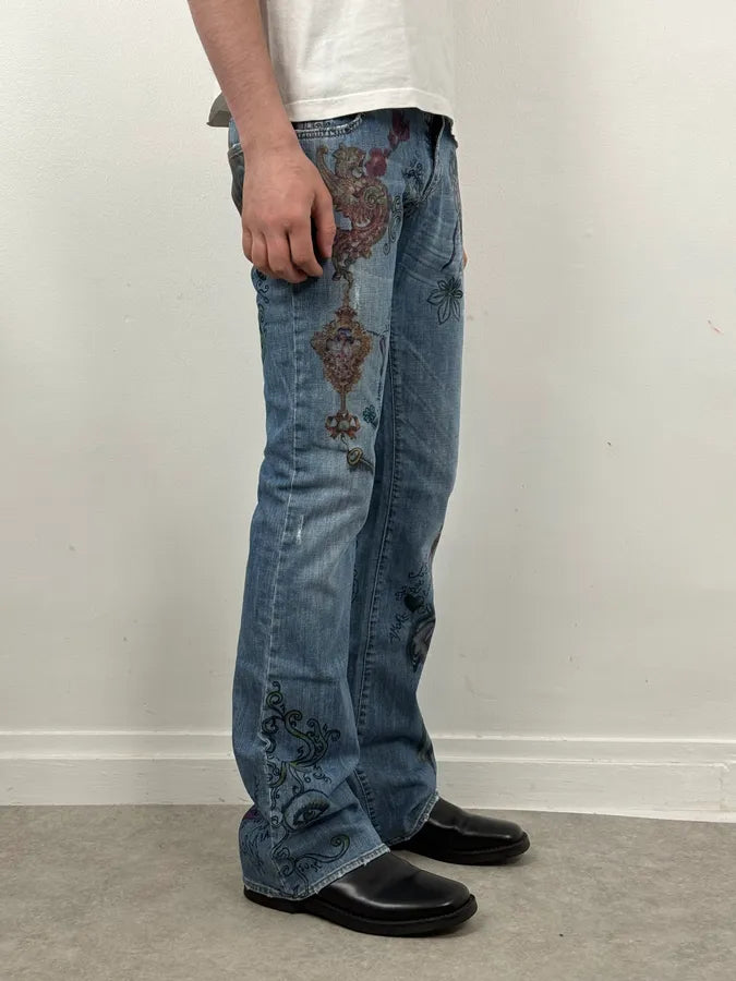 AW2007 Cavalli Angel Pirates Print Blue Denim Jeans yJLkwiE 2