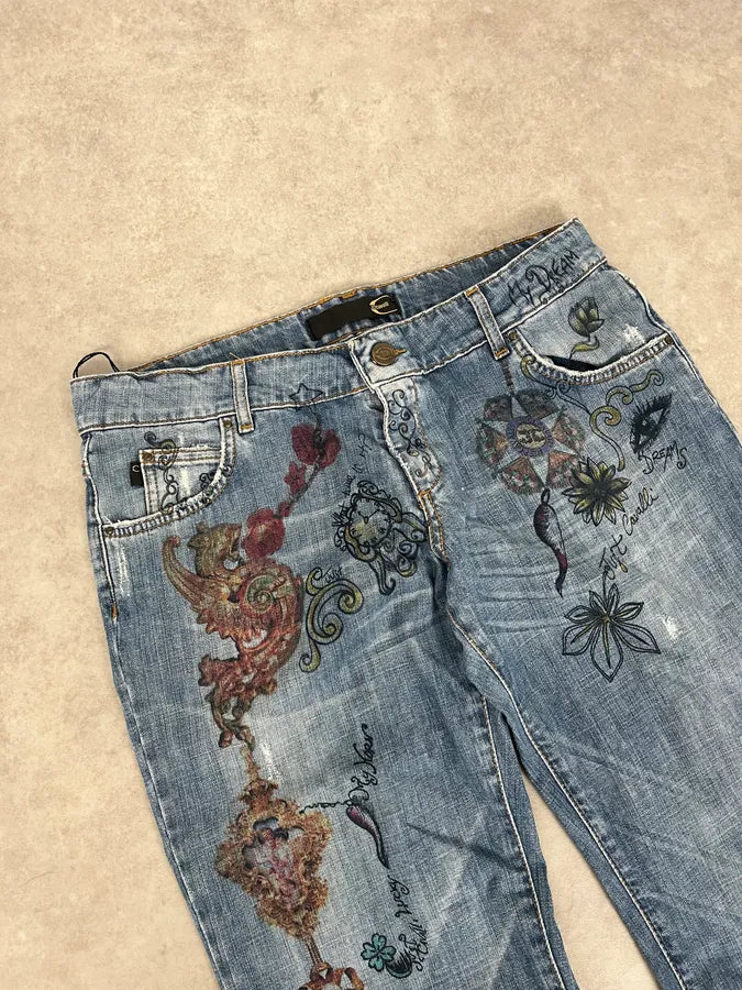 AW2007 Cavalli Angel Pirates Print Blue Denim Jeans yJLkwiE 4
