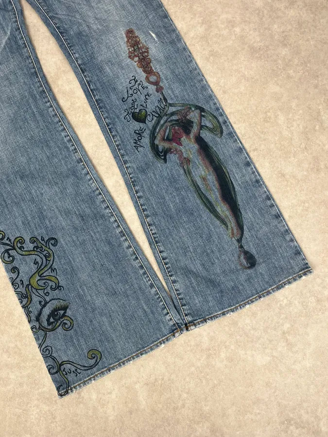 AW2007 Cavalli Angel Pirates Print Blue Denim Jeans yJLkwiE 8