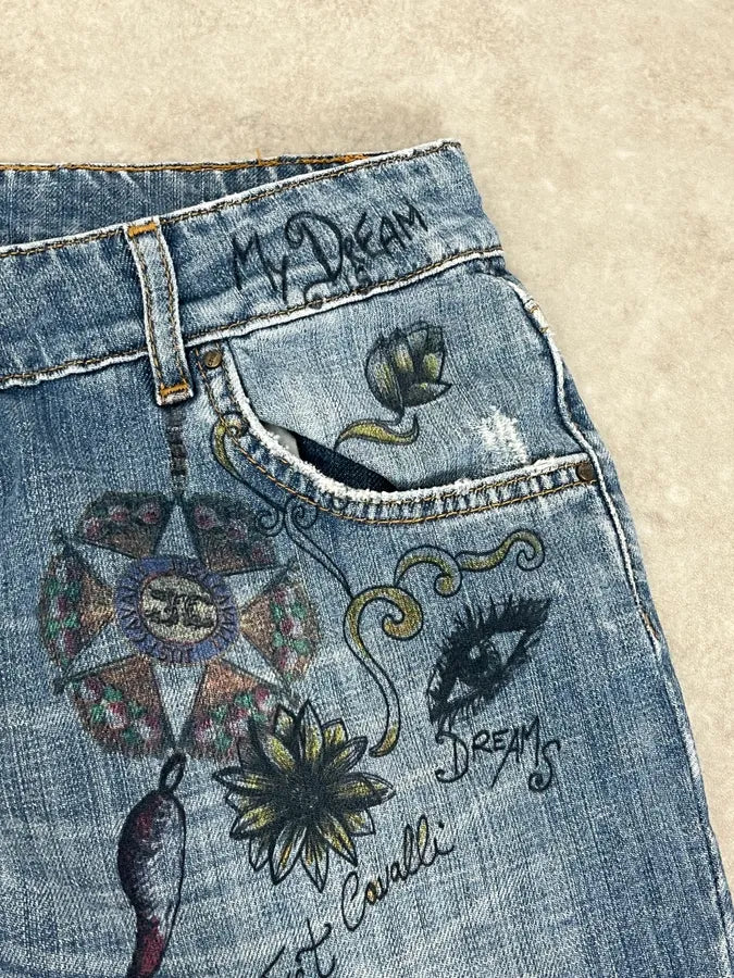 AW2007 Cavalli Angel Pirates Print Blue Denim Jeans yJLkwiE 9