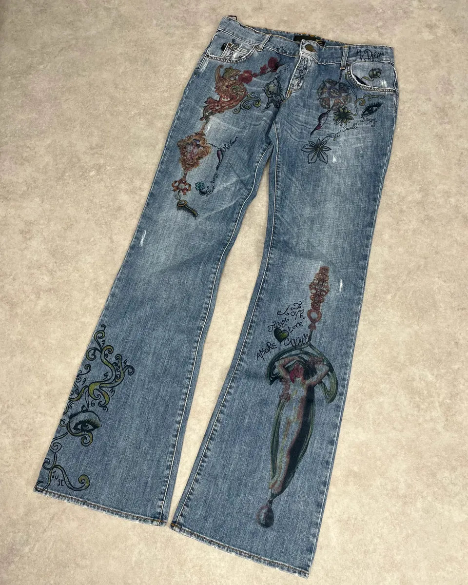 AW2007 Cavalli Angel Pirates Print Blue Denim Jeans yJLkwiE 5
