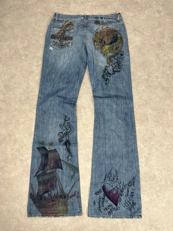 AW2007 Cavalli Angel Pirates Print Blue Denim Jeans yJLkwiE 6