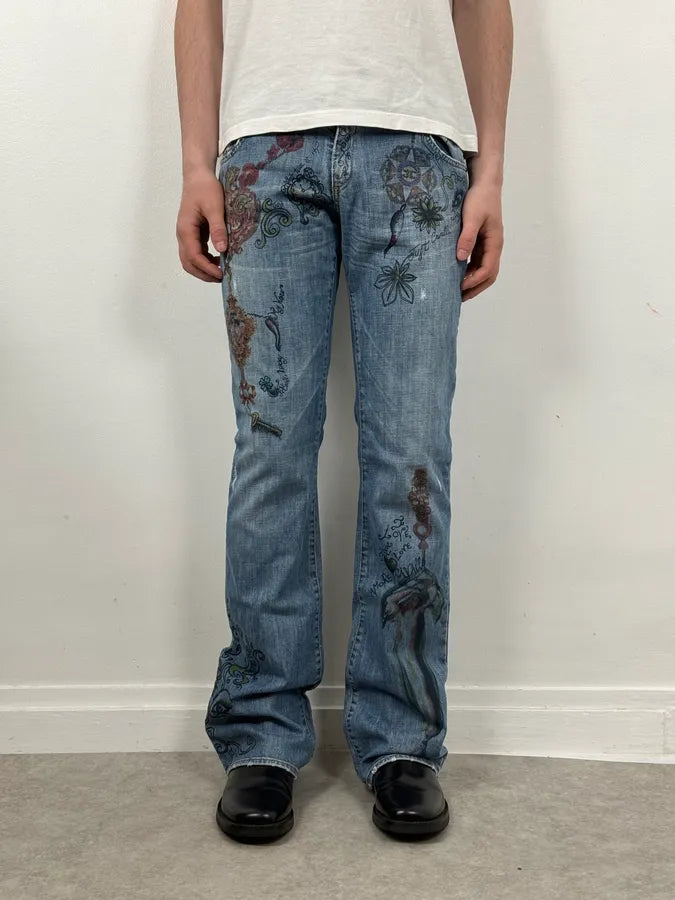 AW2007 Cavalli Angel Pirates Print Blue Denim Jeans yJLkwiE 1