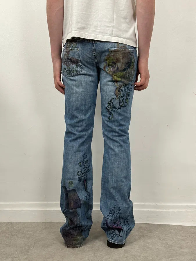 AW2007 Cavalli Angel Pirates Print Blue Denim Jeans yJLkwiE 3