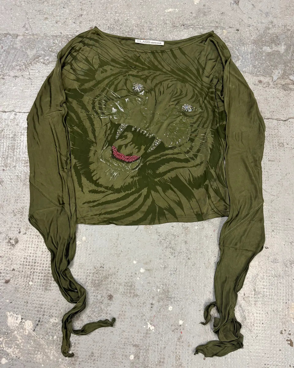 2000s Cavalli Angry Tiger Khaki Longsleeves (S) hnRuVvN 0