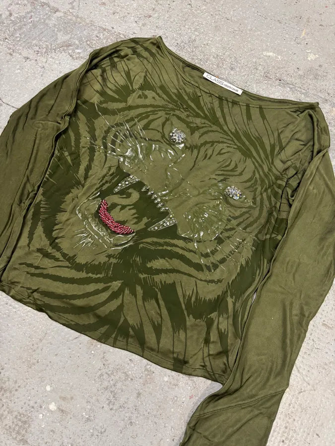2000s Cavalli Angry Tiger Khaki Longsleeves (S) hnRuVvN 1