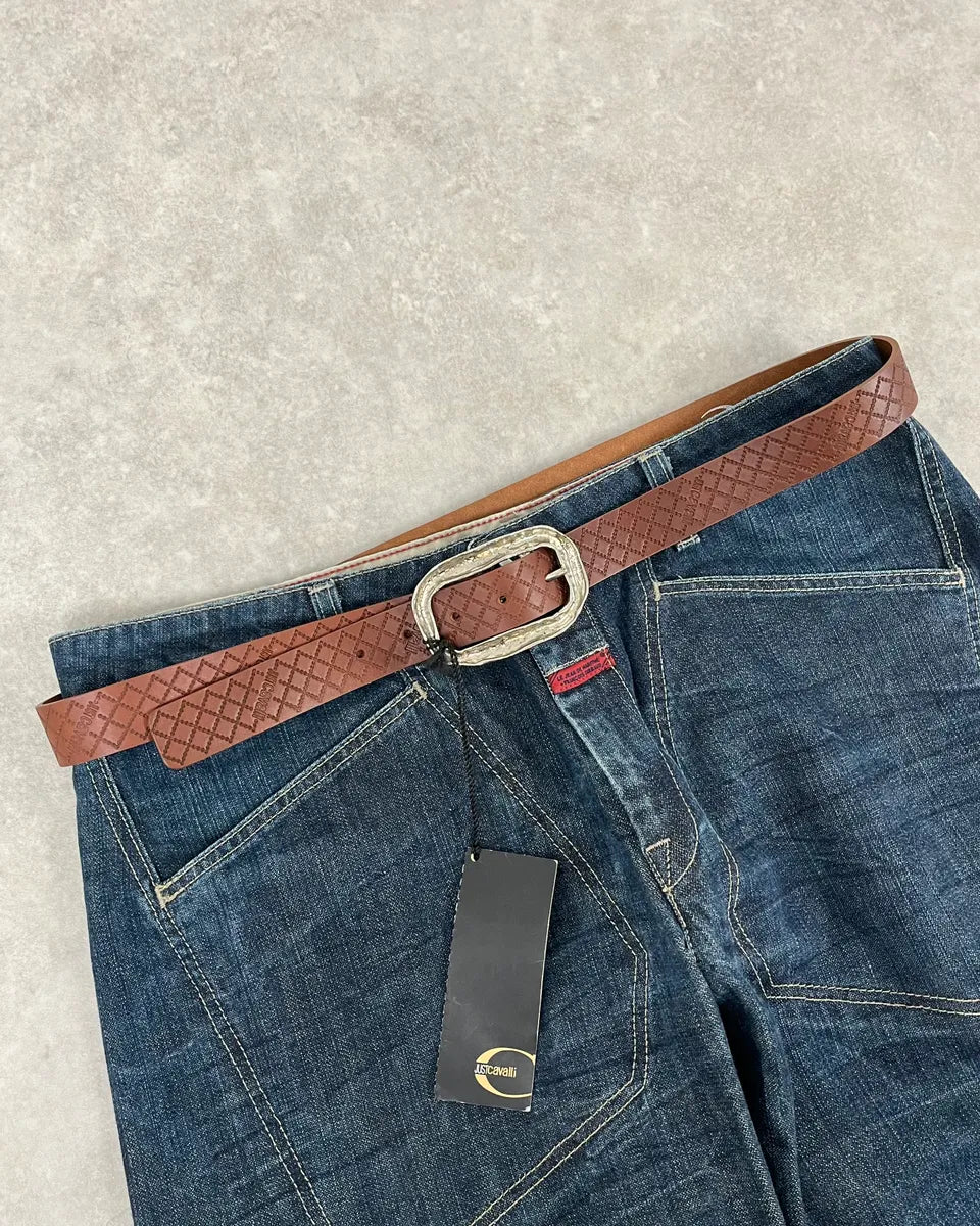 2000s Cavalli Artisanal Metal Buckle Brown Leather Belt wgUenKf 0