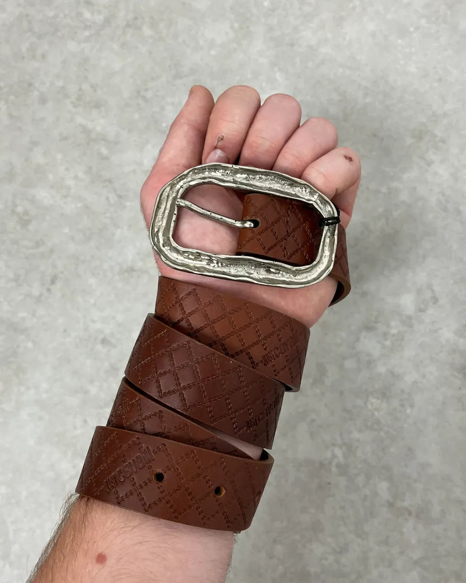2000s Cavalli Artisanal Metal Buckle Brown Leather Belt wgUenKf 1
