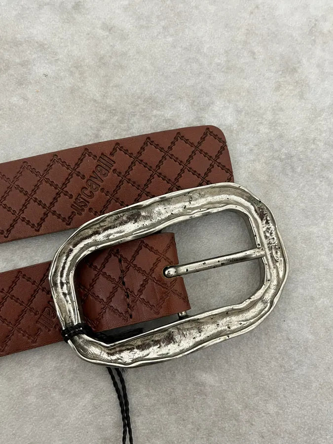2000s Cavalli Artisanal Metal Buckle Brown Leather Belt wgUenKf 4