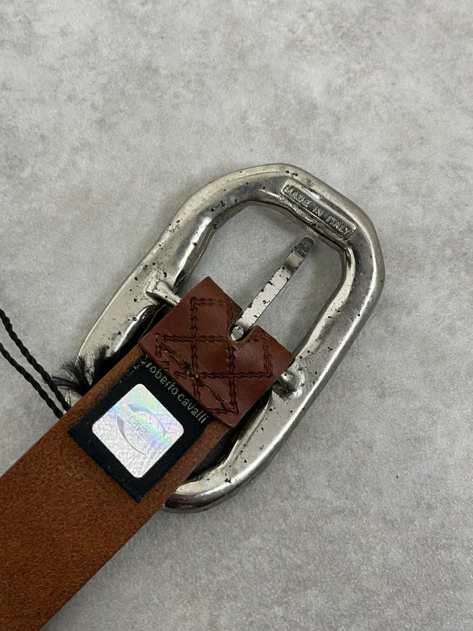 2000s Cavalli Artisanal Metal Buckle Brown Leather Belt wgUenKf 5