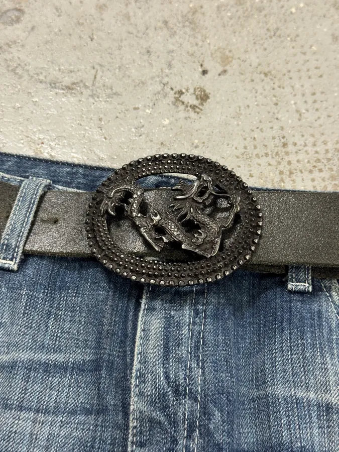 2000s Cavalli Asian Dragon Black Leather Belt sdAaxjG 1