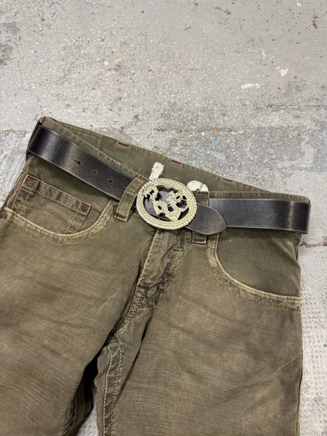 2000s Cavalli Asian Dragon Buckle Black Leather Belt AxwRxdF 0