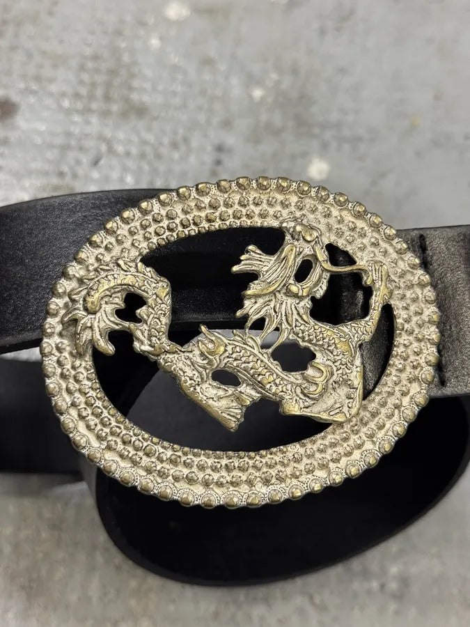 2000s Cavalli Asian Dragon Buckle Black Leather Belt AxwRxdF 1