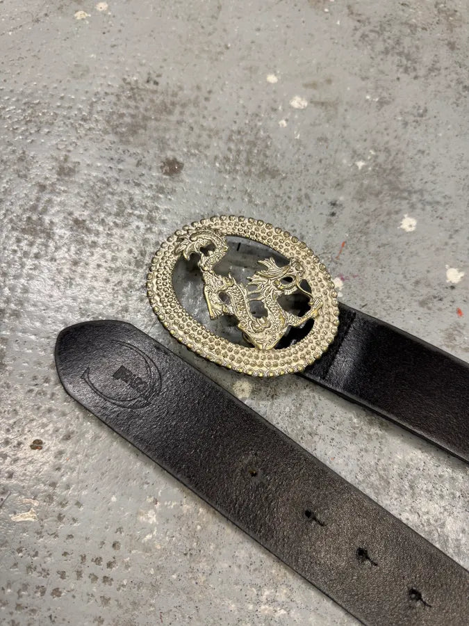 2000s Cavalli Asian Dragon Buckle Black Leather Belt AxwRxdF 3