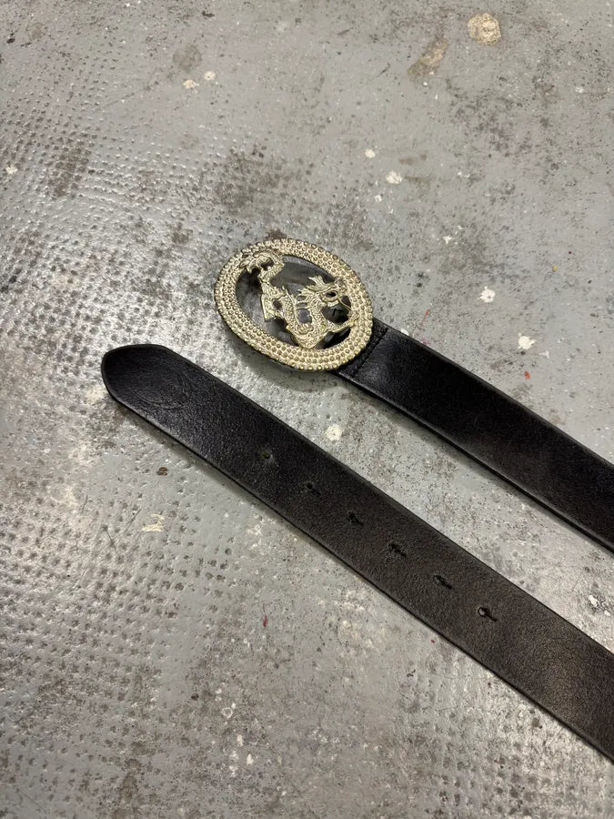 2000s Cavalli Asian Dragon Buckle Black Leather Belt AxwRxdF 5