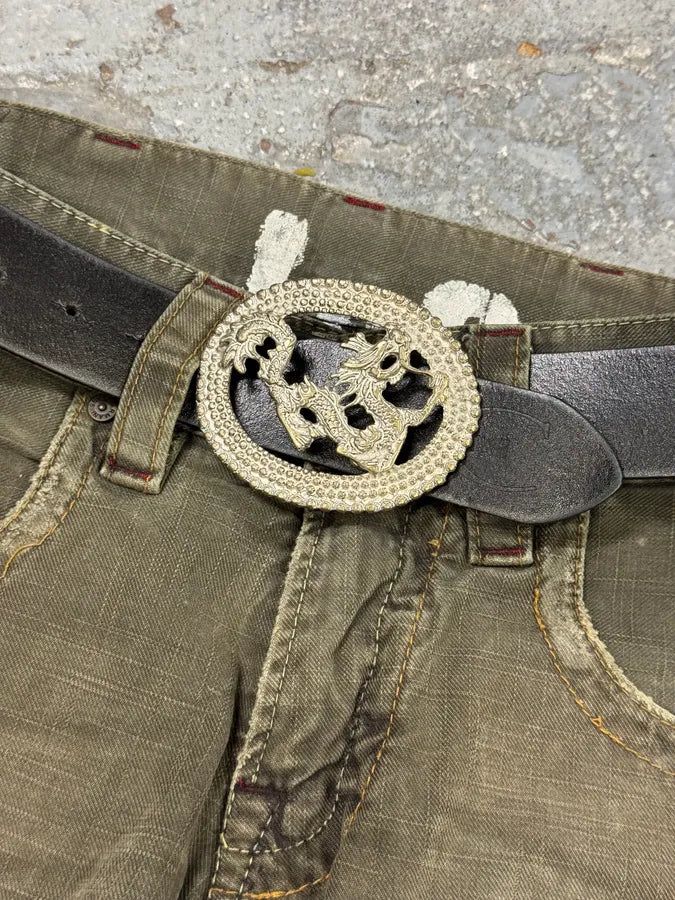 2000s Cavalli Asian Dragon Buckle Black Leather Belt AxwRxdF 8