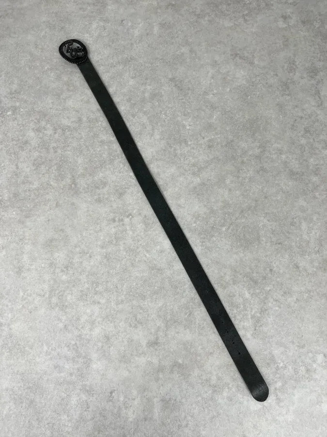 2000s Cavalli Asian Dragon Buckle Eroded Black Leather Belt swJDfQu 5