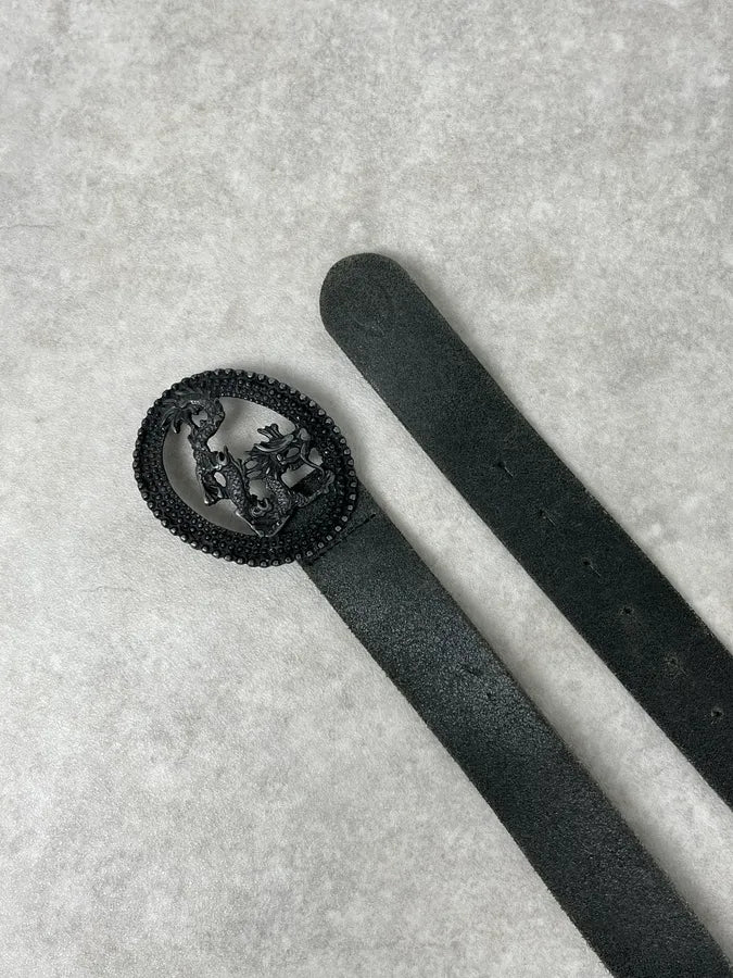 2000s Cavalli Asian Dragon Buckle Eroded Black Leather Belt swJDfQu 2