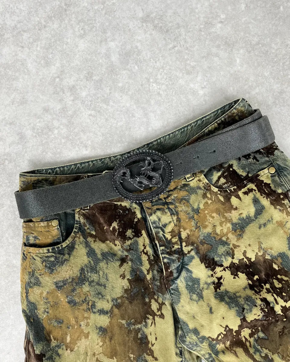 2000s Cavalli Asian Dragon Buckle Eroded Black Leather Belt swJDfQu 0