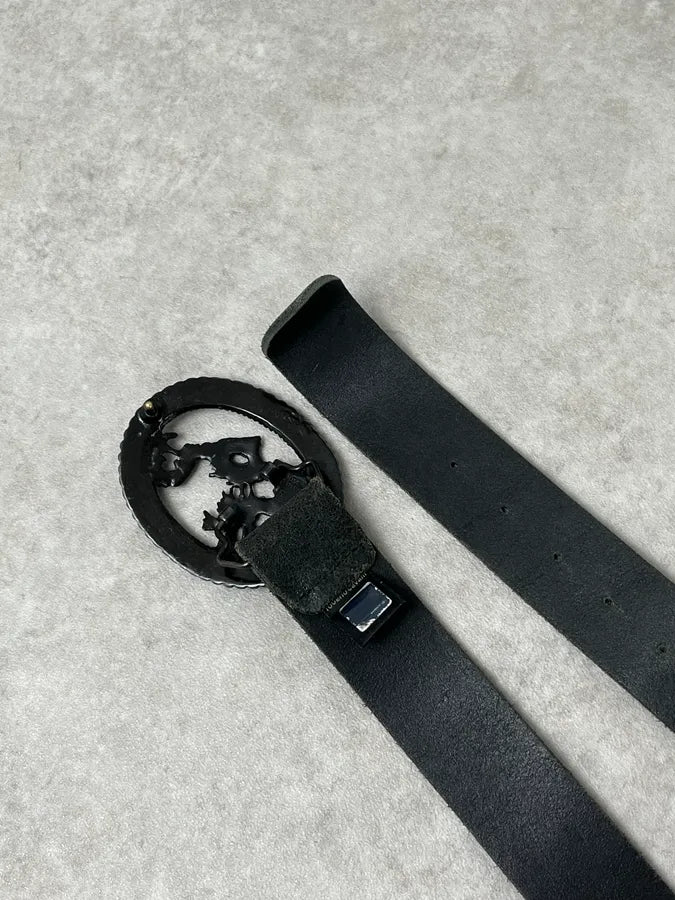 2000s Cavalli Asian Dragon Buckle Eroded Black Leather Belt swJDfQu 3