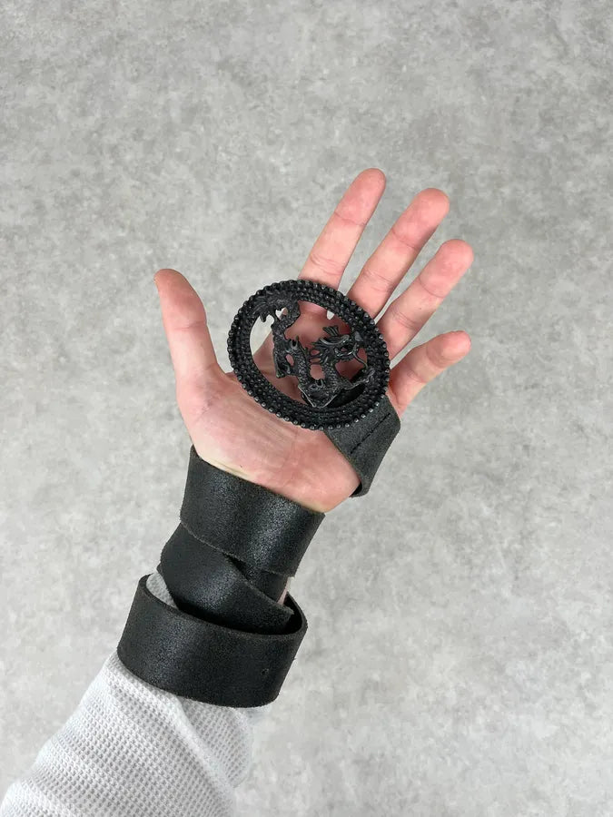 2000s Cavalli Asian Dragon Buckle Eroded Black Leather Belt swJDfQu 1