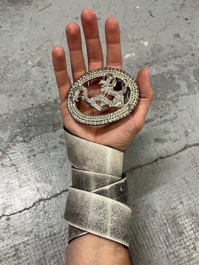 2000s Cavalli Asian Dragon Buckle Silver Leather Belt RMNZFIm 0