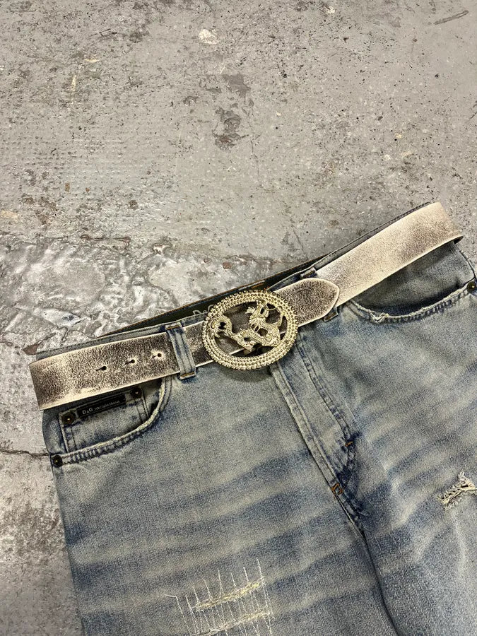 2000s Cavalli Asian Dragon Buckle Silver Leather Belt RMNZFIm 1