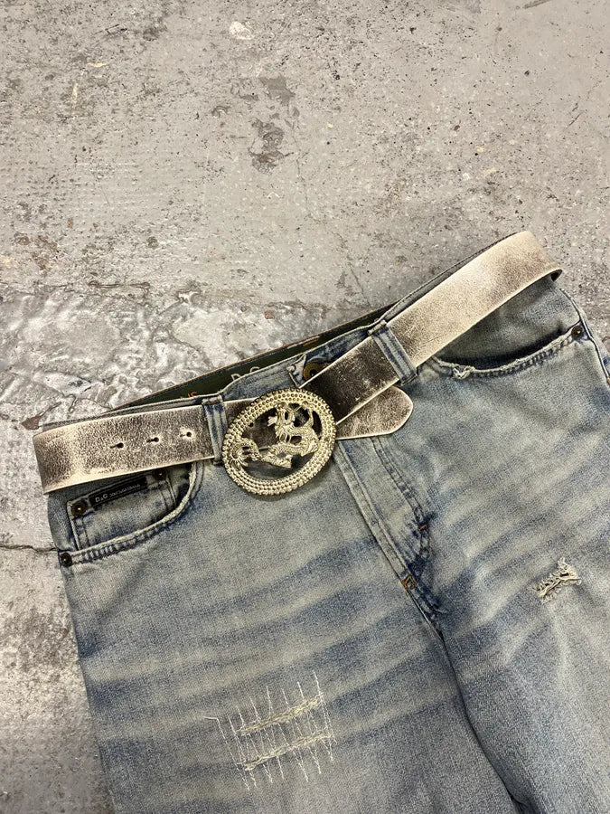 2000s Cavalli Asian Dragon Buckle Silver Leather Belt RMNZFIm 2