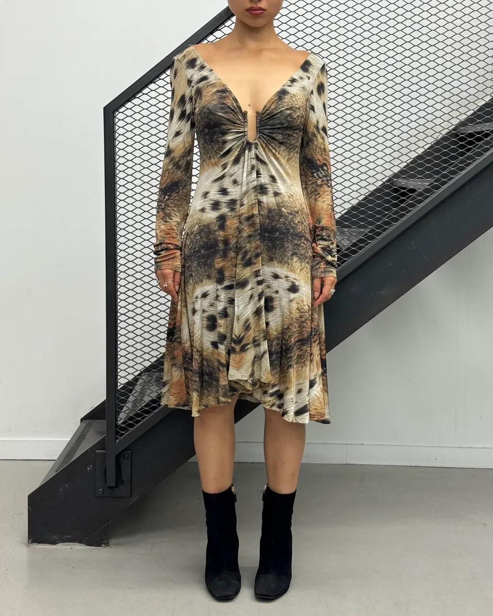 2000s Cavalli Beige & Brown Leopard Ruched Dress gbDFlOR 0