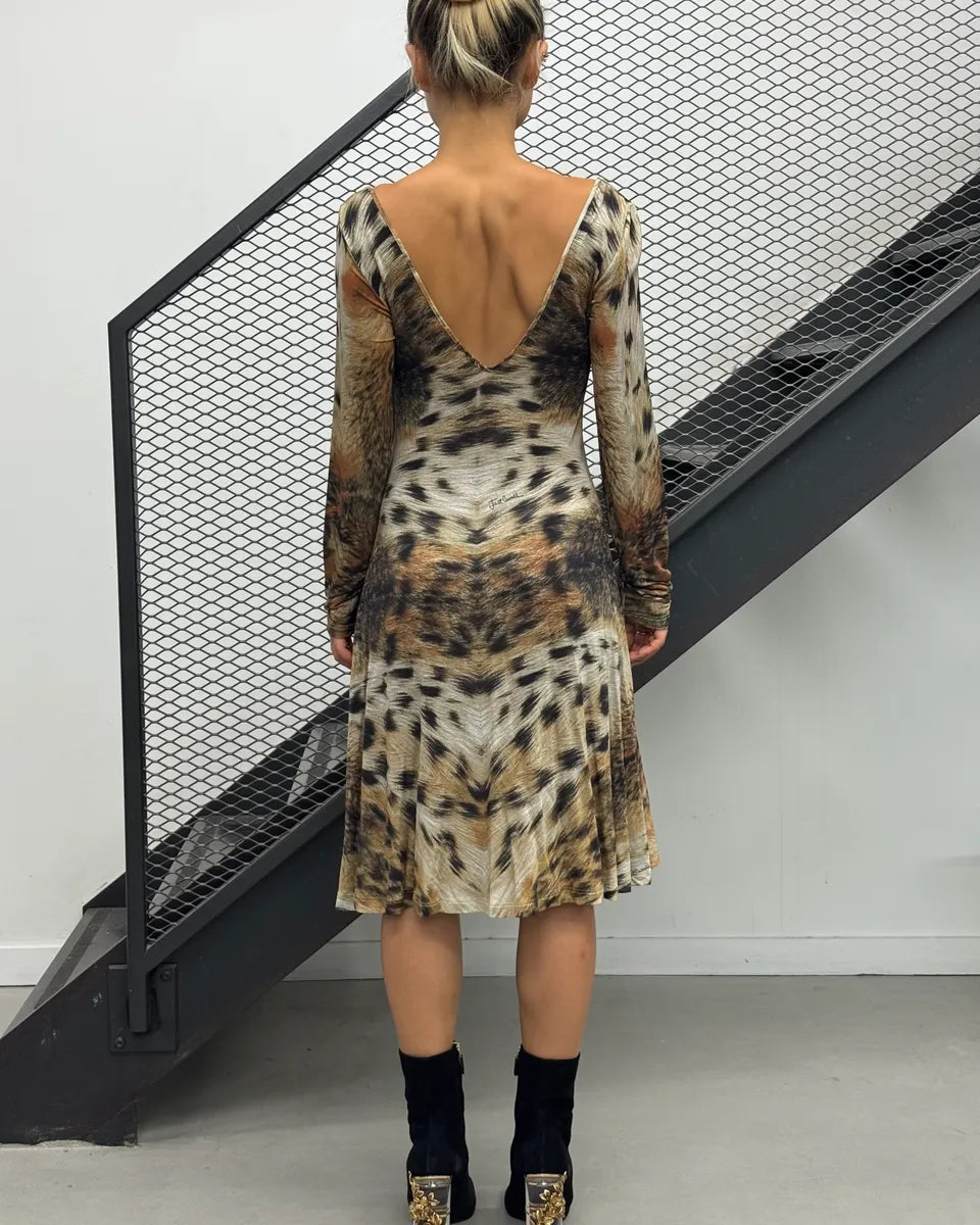 2000s Cavalli Beige & Brown Leopard Ruched Dress gbDFlOR 1
