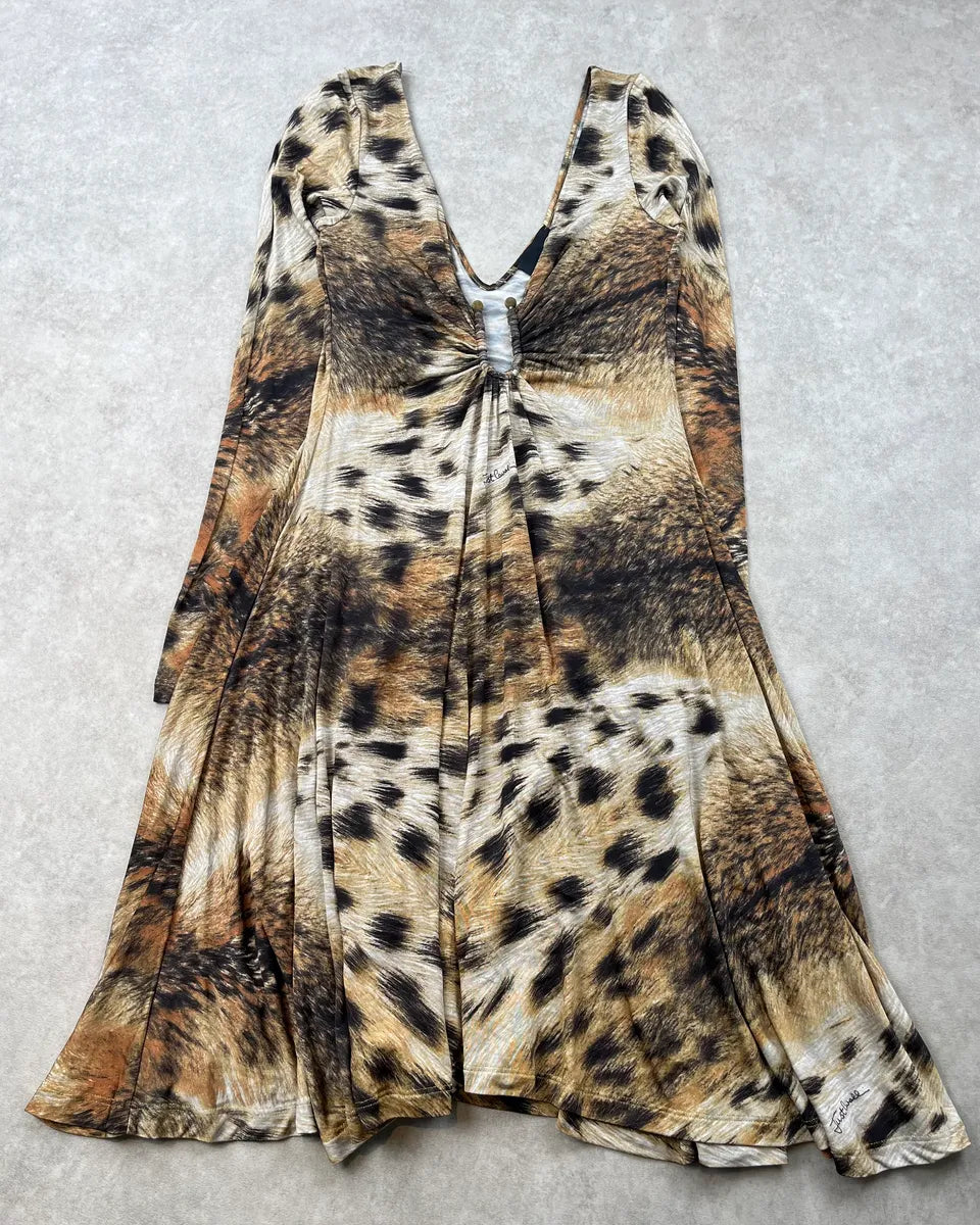 2000s Cavalli Beige & Brown Leopard Ruched Dress gbDFlOR 2