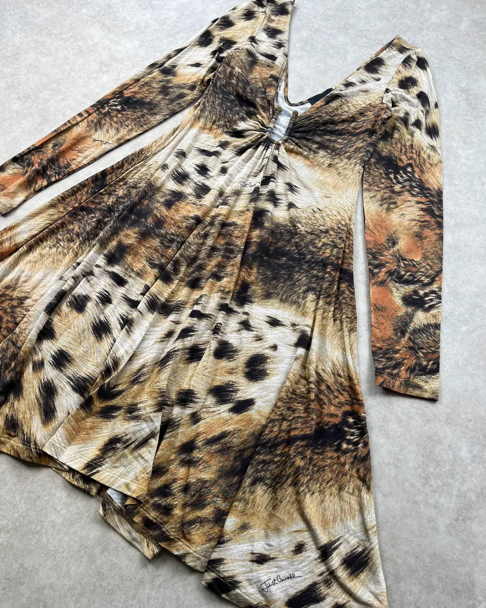 2000s Cavalli Beige & Brown Leopard Ruched Dress gbDFlOR 3