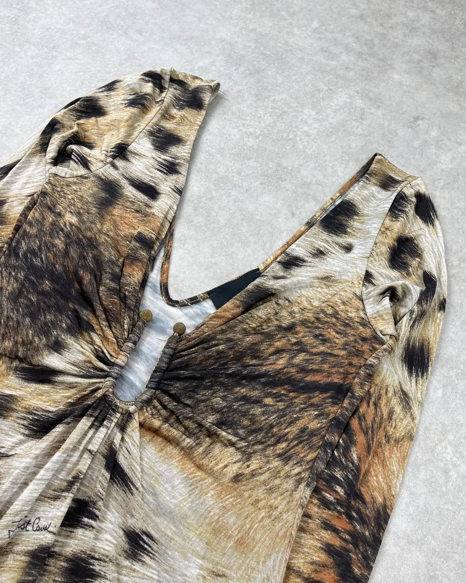 2000s Cavalli Beige & Brown Leopard Ruched Dress gbDFlOR 4