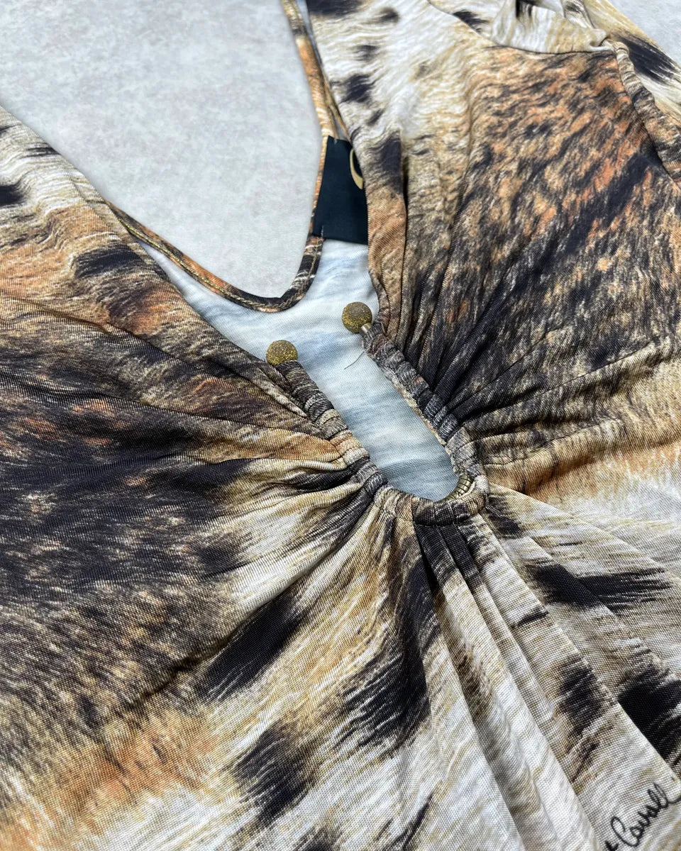 2000s Cavalli Beige & Brown Leopard Ruched Dress gbDFlOR 5