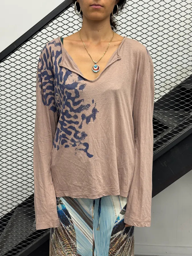 2000s Cavalli Beige Blue Abstract Zebra Graphic Tunisian Longsleeve ACuzgrF 1